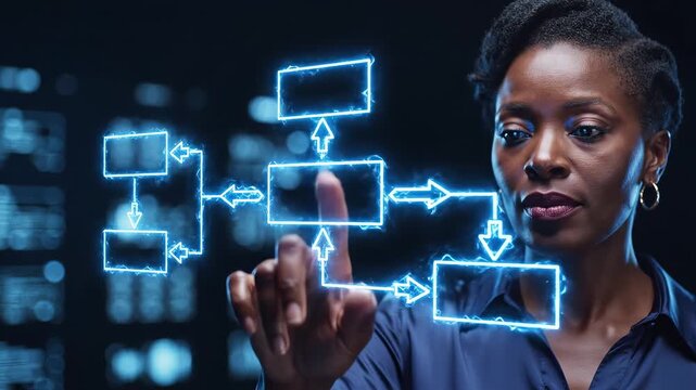 Woman interacting with digital flowchart for commercial backgrounds, digital design, and advertising