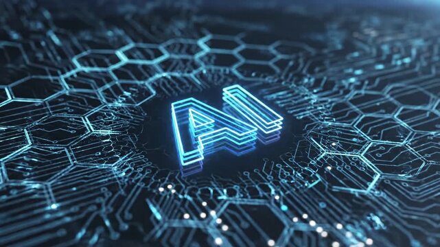 Futuristic ai logo animation with glowing neon letters in cyberpunk style on digital grid 4k video