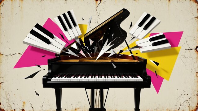 Exploding Grand Piano with Abstract Geometric Fragments