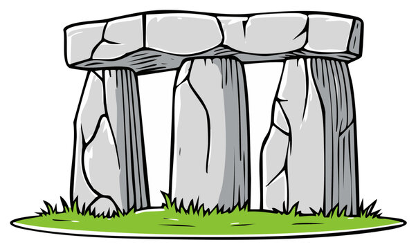 Stonehenge Style Monumental Structure Illustration with Grass Meadow Landscape Ancient Standing Stones Cartoon
