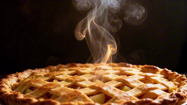 macro backlit steam rising from freshly baked apple pie lattice gaps perfect for apple pie day