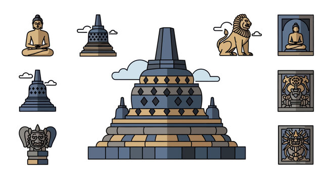Borobudur Temple Indonesia Landmark Collection - Buddha, Stupa, Lion Statue, Relief Carvings