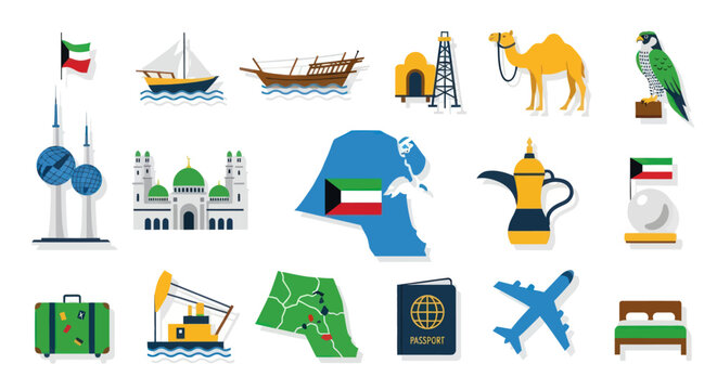 Kuwait Travel Icons: Landmarks, Culture, and Symbols Set