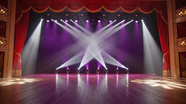 Empty theater stage with spotlights for tech concepts, digital marketing, and scientific projects