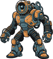 Obraz premium Retro pixel art robot character, retro-futuristic cyborg suit, vintage sci-fi illustration, mechanical diver helmet, 8-bit style, orange and teal color scheme