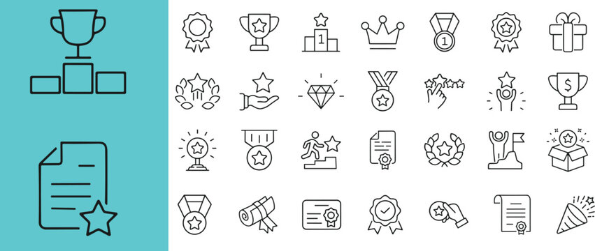 Reward set of web icons in line style. A collection of linear icons representing various reward concepts, including gift, trophy, recognition, reward program, medal, bonus, and more