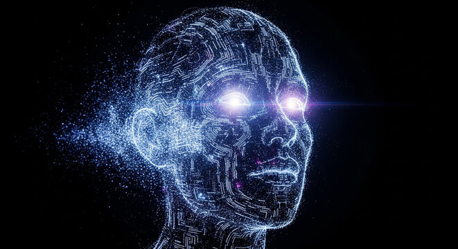Glowing digital human head with circuit board and glowing eyes in dark space