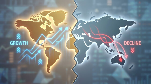 Global economic crisis and market growth analysis showing geopolitical data analytics with world map division between financial prosperity and recession trends for international business strategy.