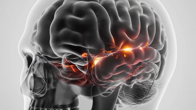 Human brain with highlighted neural activity for corporate presentations, business marketing, and commercial use