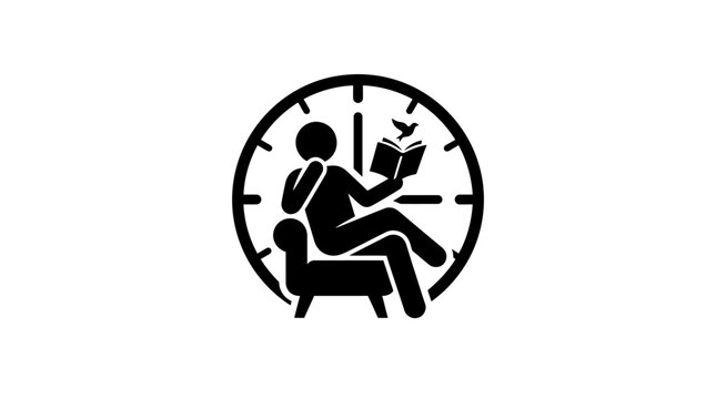 Icon of Person Relaxing and Reading Book Sitting by Clock For Time Management