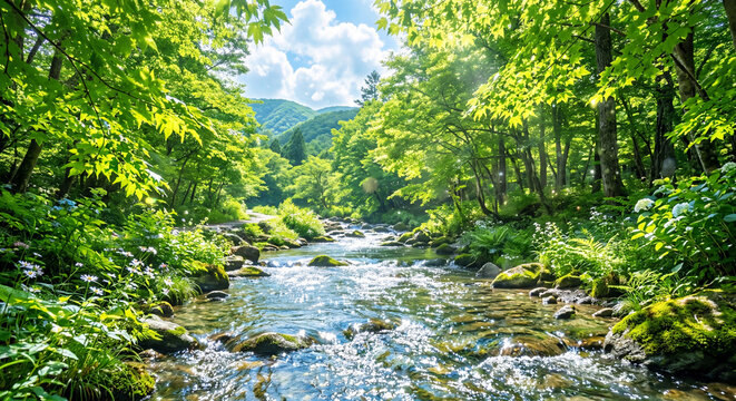 緑に囲まれた清流：山々と森林に流れる清らかな川

