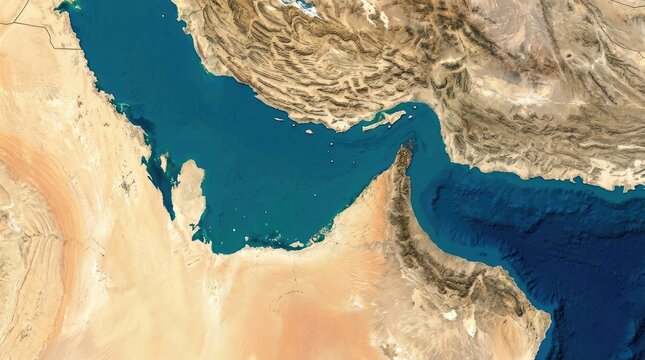 Hormuj strait and arabian peninsula satellite view of strategic maritime route