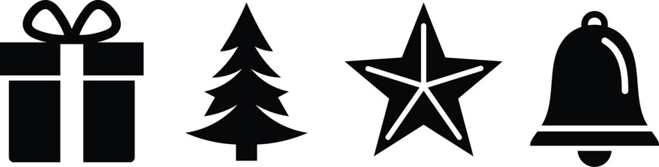 Obraz premium Black and white christmas featuring a gift box, pine tree, five pointed star, and holiday bell
