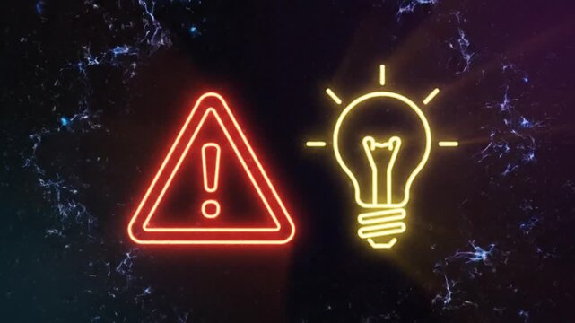 Warning sign and glowing light bulb animation symbolizing risk and innovation, problem solving and safety concept for business and technology motion graphics
