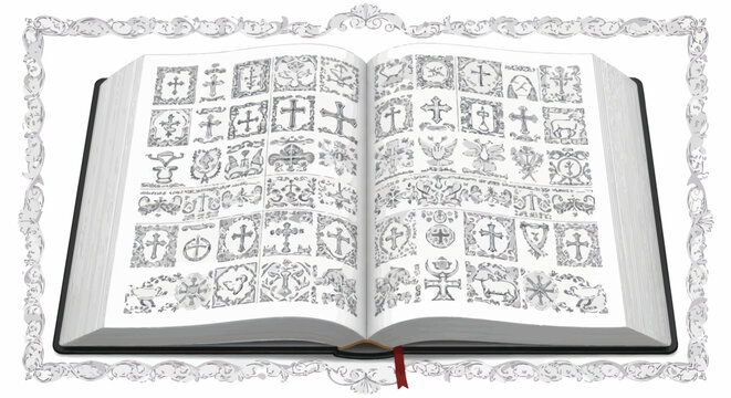 Open Book With Ancient Symbols and Ornate Border