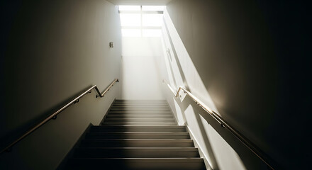 Fototapeta premium Modern empty staircase with handrails leading to bright light Symbolizing Progress and Aspiration with Striking Minimalist Architectural Design