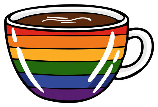 Pride rainbow striped coffee mug filled with hot beverage isolated illustration