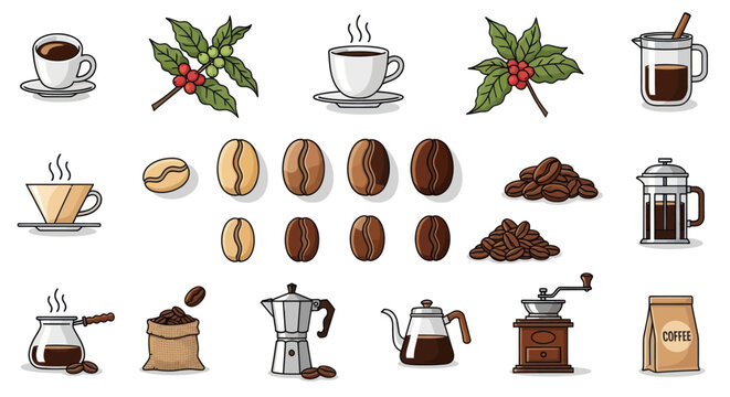Coffee Icons Set: Beans, Cups, Grinders, Brewers, and Plants