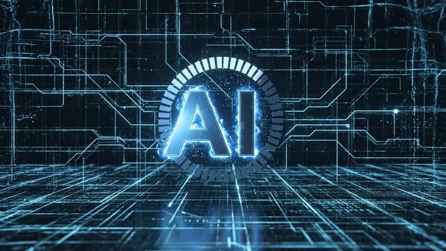 Futuristic animated ai text logo with teal and blue gradient on digital background 4k video