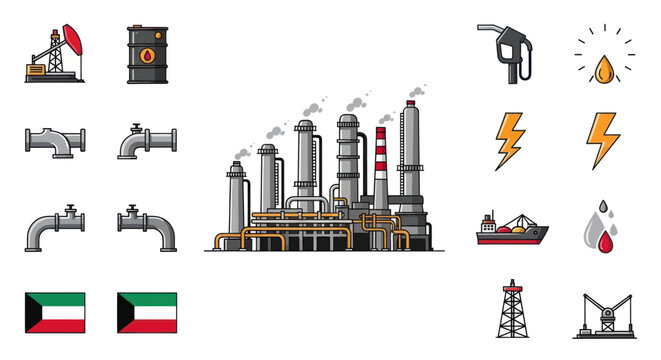 Oil Industry Icons: Refinery, Pumpjack, Barrel, Gas Nozzle, Pipes, Kuwait Flag