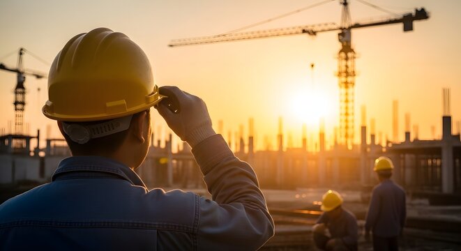 Construction workers wearing helmets and working together at a busy building site with cranes and engineers supervising the project