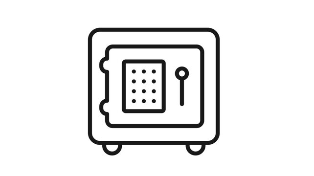 Secure metal safe box vector icon with digital keypad and handle for banking and finance, minimalist black line illustration of a vault for protection of valuables and money storage.