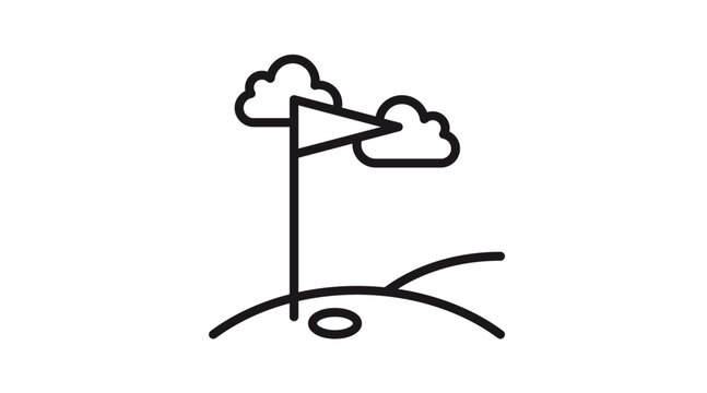 Minimalist golf course hole vector icon illustration featuring a flagstick on a green with a hole and clouds. Black line art symbol for sports, leisure, and outdoor recreation. Scalable graphic.