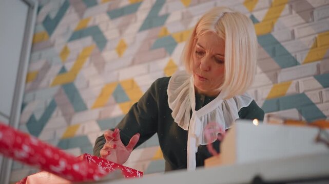 Blonde caucasian woman wrapping christmas present, seated at geometric wallpapered desk, cutting tape, tying ribbon, arranging ornaments soft warm lighting, thoughtful expression, calm festive