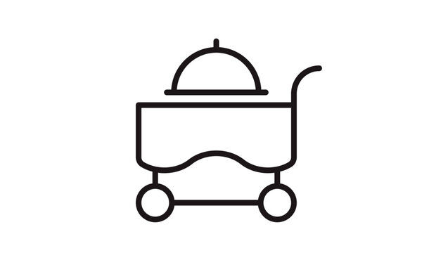Minimalist black line vector icon of a food service cart or room service trolley with a cloche cover, ideal for restaurant, catering, hotel, and hospitality industry graphic design.