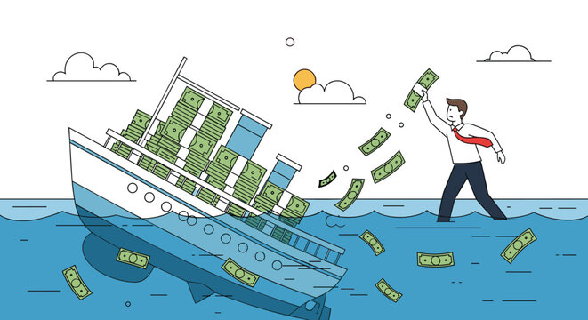 Businessman throwing money into sea next to sinking ship filled with cash representing financial loss and failing investment.