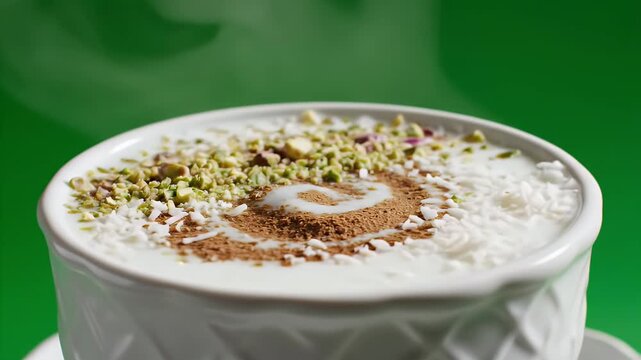Warm Sahlab Dessert Topped with Pistachios and Cinnamon Served in a White Embossed Cup Against a Vibrant Green Background with Gentle Steam Rising and Soft Lighting
