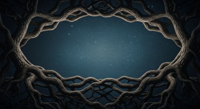 Twisted tree roots forming an oval frame against a starry night sky. Nature background design for fantasy and magical concepts.