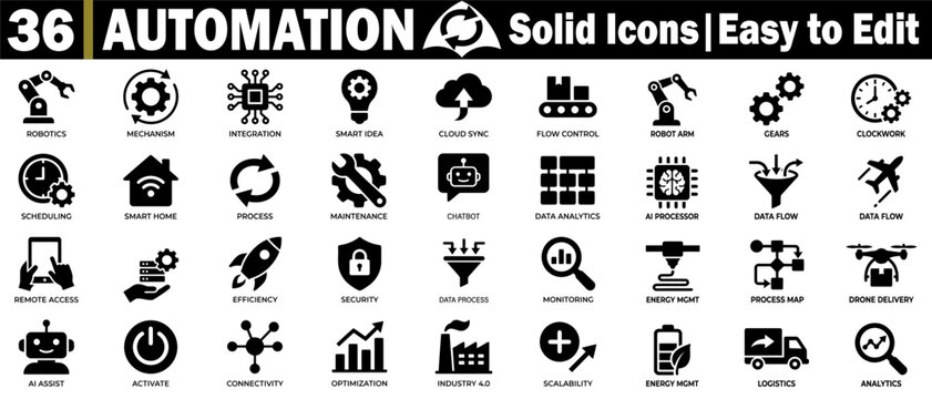 Automation solid icons for technology, robotics, artificial intelligence, and future innovation concepts designs vector illustrations.