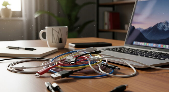 A cluttered wooden desk with a laptop, mug, notebook, and a tangled mess of colorful cables and usb connectors