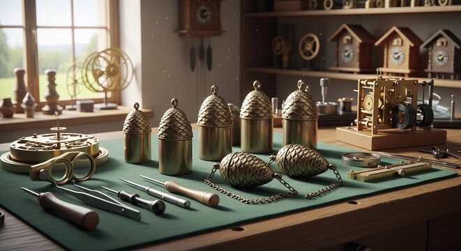A cluttered workshop table with various clock making tools and golden components for assembly