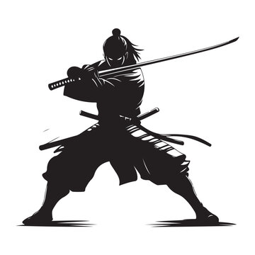 Powerful black silhouette of a traditional Japanese samurai warrior in a combat stance with katana
