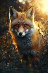 Fototapeta premium Curious red fox portrait in golden forest light with warm backlit fur and bright amber eyes, serene attentive expression among leafy undergrowth and soft bokeh glow