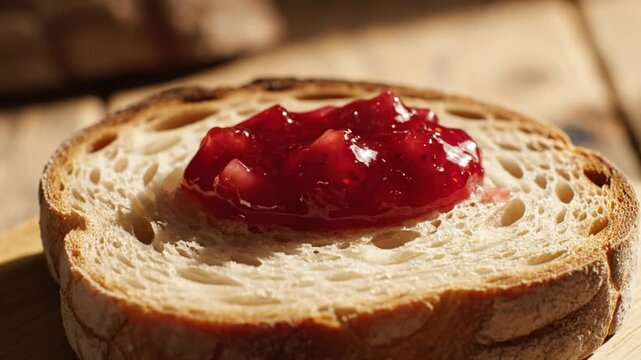 Close up of a slice of bread being spread with delicious red fruit jam, a breakfast or snack concept