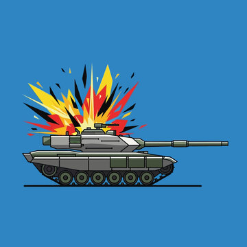 Modern military tank exploding with colorful shrapnel against blue background