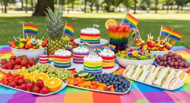 A vibrant rainbow themed picnic spread with cakes and fresh fruits in a park