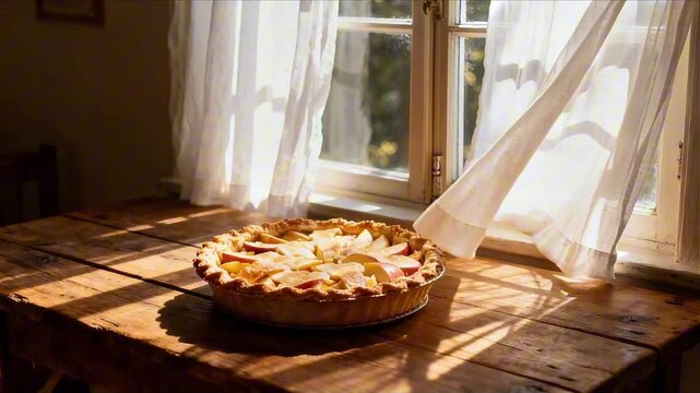 rustic wooden table apple pie near window with morning light and sheer curtains perfect for apple pie day