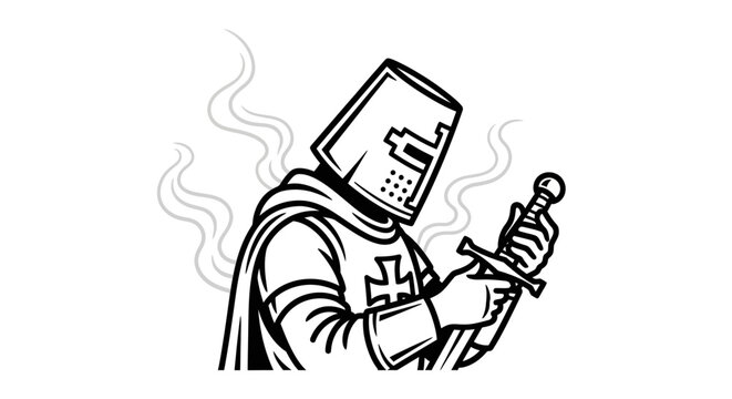 Medieval Knight in Armor with Sword and Smoke - Black and White Vector Art