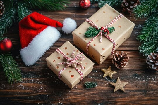 two kraft-wrapped gifts with red-and-white twine and pine sprig, pine cones, gold star ornaments, red baubles and a red holiday hat on a snowy rustic wooden table, cozy festive mood