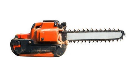 Naklejka premium An orange chainsaw with a black handle and white blade on transparent background