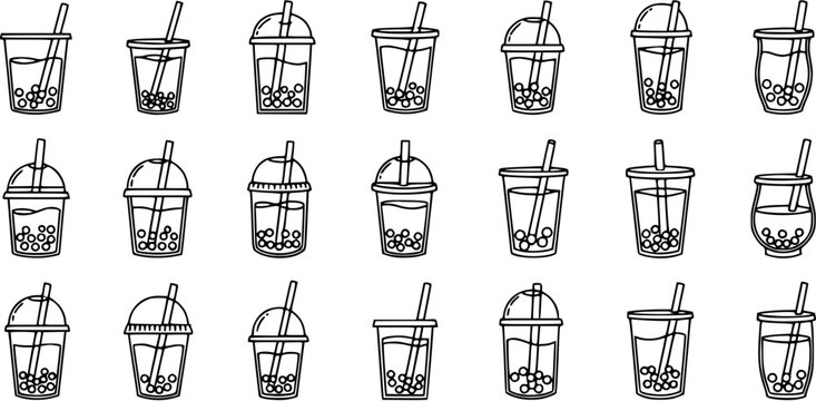 Black and White Line Art Bubble Tea Cups Vector Icon Set. Hand-drawn Doodle Outline Collection of Boba Drinks for Food and Beverage Industry.
