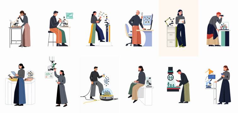 Collection of scientists and entomologists conducting laboratory research on insects using microscopes, computers, and specialized equipment in a flat vector illustration style.