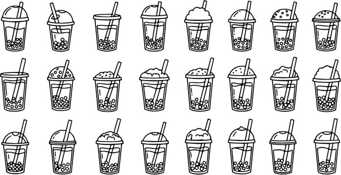 Hand-drawn Black and White Line Art Doodles of Bubble Tea Drinks. Vector Set of Various Boba Tea Cups with Straws and Tapioca Pearls for Food  Beverage Industry.