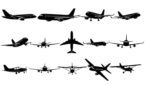 Airplane silhouettes set with multiple aircraft models in side top and front views isolated on white