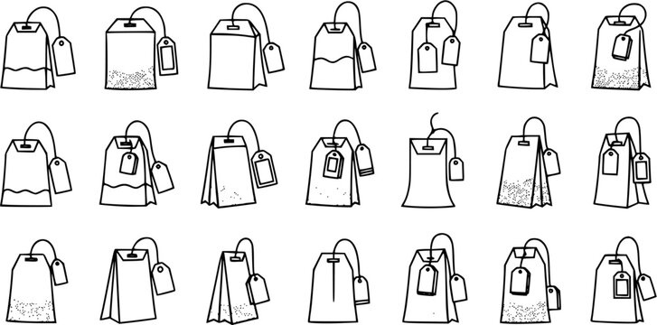 Black and White Line Art Icons of Various Tea Bags with Tags