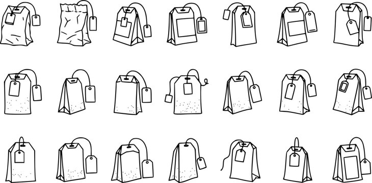 Black and white line art illustration of various tea bag icons in a grid.